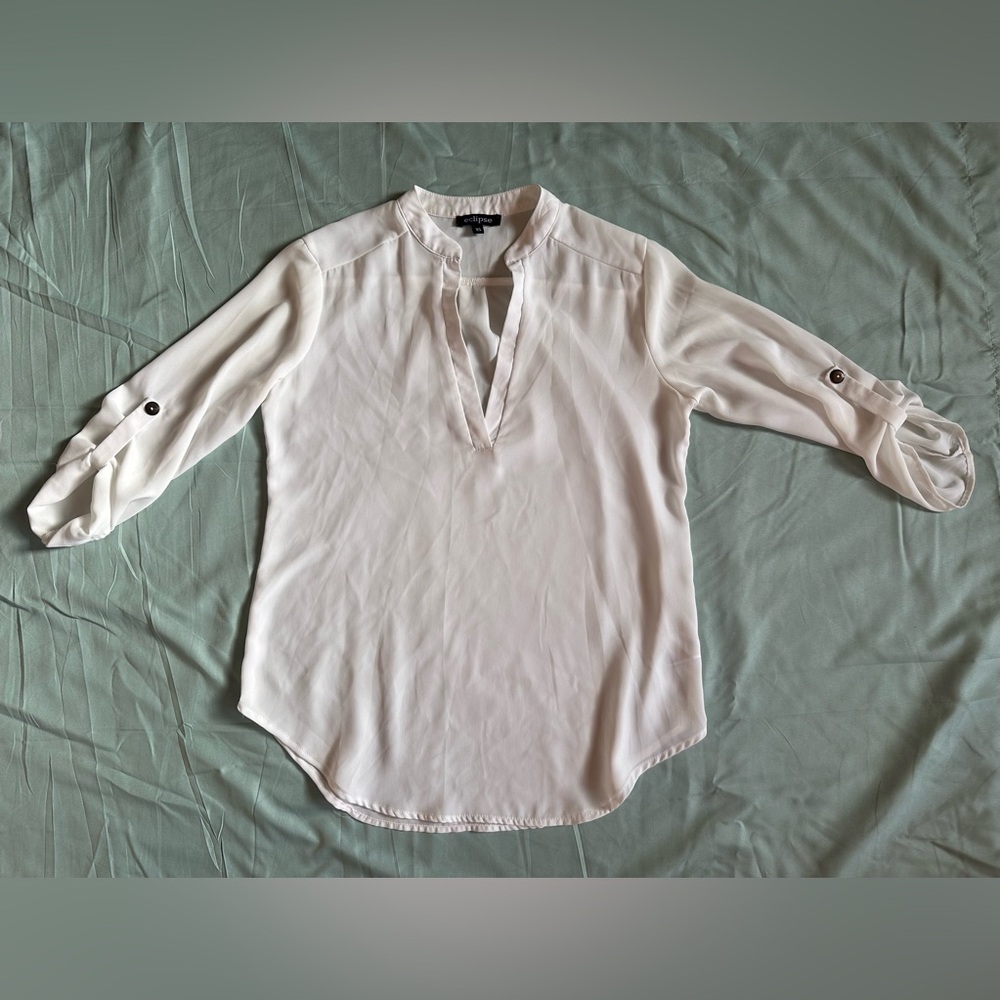 Eclipse Sheer Split Neck Roll-Tab Sleeve Blouse